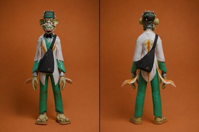 A front and back view of a designer art figure featuring a green-skinned, sharp-toothed character dressed in a white suit jacket, green pants, and a black crossbody bag, set against an orange background. The figurine's quirky, luxury streetwear aesthetic complements the "ape in" meme by suggesting that despite any hesitancy over cost, collectors dive headfirst into purchasing high-end collectibles like this one.