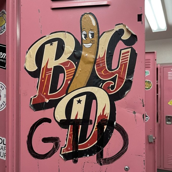 A pink locker features graffiti-style "BIG D" lettering with a cartoon phallus character as the "I," matching the post's playful "BigD" branding and slogan "BIGD IS INEVITABLE" while promoting the OpenSea NFT collection.