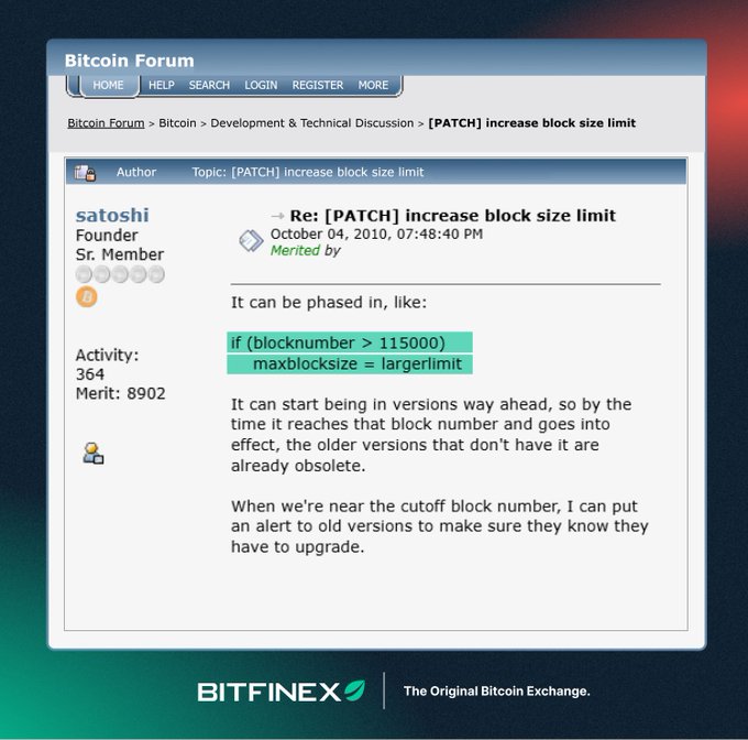 The image shows a screenshot from a web browser where a Bitcoin Forum post has been posted by a user named Satoshi. The post discusses increasing the block size limit for Bitcoins, which is typically done through the use of patches or upgrading certain aspects. One of the suggestions made in the post involves using a patch to increase the block size limit to 16 MB (megabytes). This can be achieved by updating the Bitcoin Core library with the necessary changes and applying the patch once it has been tested and confirmed to work on Bitcoin core software versions before the next release date, which is October 9th, 2011. The post also mentions an older version that should be updated in case the newer patch does not fix all issues.