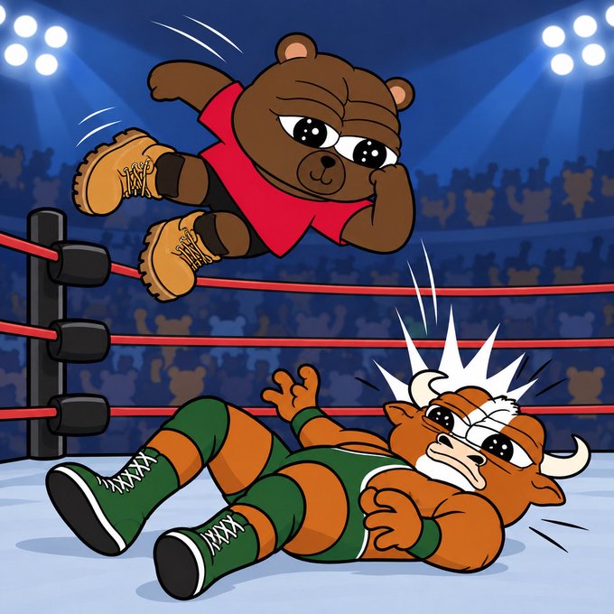 A cartoon wrestling scene shows a brown bear character in a red shirt jumping from the top rope onto an orange bull character wearing green and orange wrestling attire in a ring.