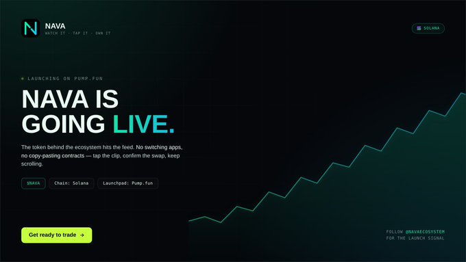 A promotional graphic with the text 'NAVA IS GOING LIVE' and 'LAUNCHING ON PUMP.FUN', detailing the NAVA ecosystem on the Solana chain, accompanied by an upward-trending green line chart.