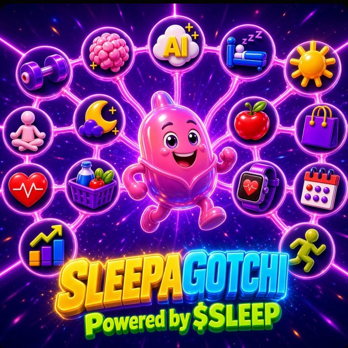 A colorful promotional graphic for 'SLEEPAGOTCHI Powered by $SLEEP' featuring a pink character surrounded by circular icons representing AI, sleep, health, and lifestyle themes.