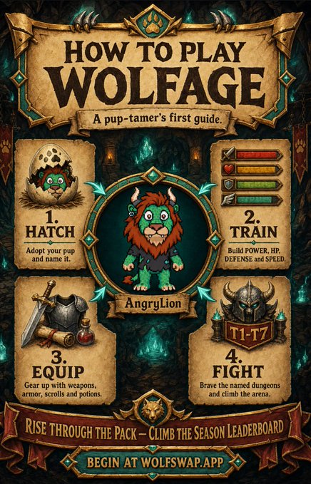 The image features an illustration of a cartoon character named AngryLion, who is depicted with a sword and shield, surrounded by various other characters such as a knight, a dragon, and a unicorn. The poster also includes information about the game "Wolfage" in black text at the bottom, along with a list of items needed to play the game, including a sword, shield, and a hat.