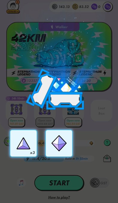 Mobile game screenshot showing a 'Walker' stepnahton with 42KM distance, level 30, GST currency, and loot boxes with a START button at the bottom.