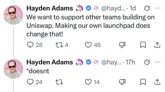 A screenshot of two tweets from Hayden Adams (@hayden...) stating 'We want to support other teams building on Uniswap. Making our own launchpad does change that!' followed by '*doesnt'.