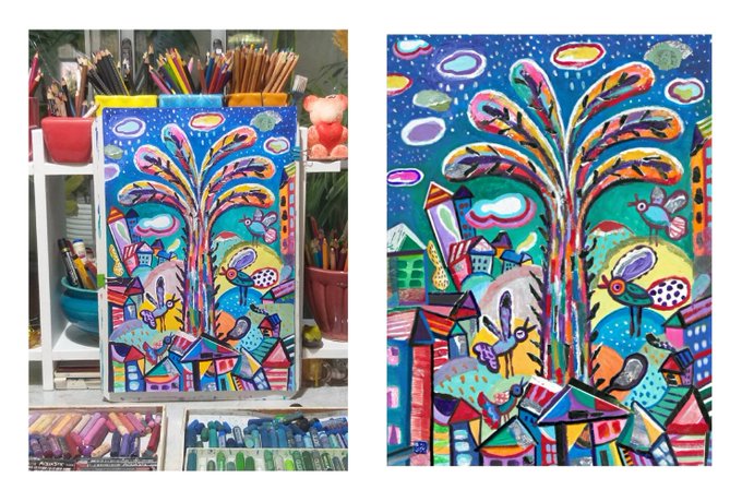 Two side-by-side images of a vibrant, colorful abstract painting featuring a stylized tree, birds, houses, and floating shapes against a starry sky, shown both in an art studio setting and as a close-up.