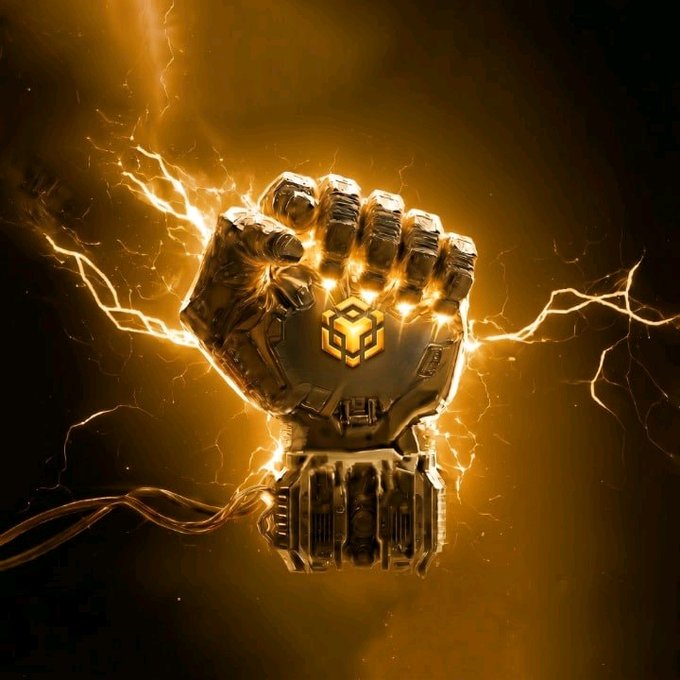 A glowing golden mechanical fist clenched tight, radiating electric energy with a hexagonal BNB logo on its knuckle, symbolizes the unstoppable power of BNB and the bold conviction to go all-in on the next 100x memecoin opportunity.