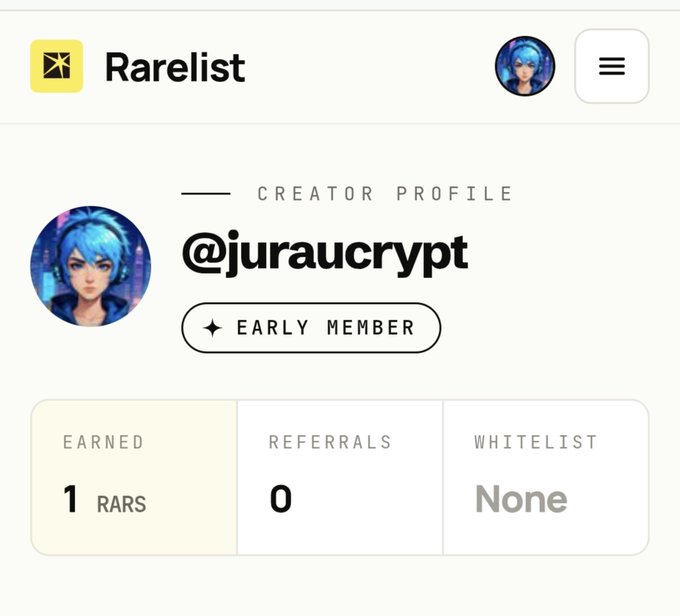 A Rarelist creator profile page for '@juraucrypt' showing an anime-style blue-haired avatar, an 'EARLY MEMBER' badge, and stats: 1 RARS earned, 0 referrals, and no whitelist.