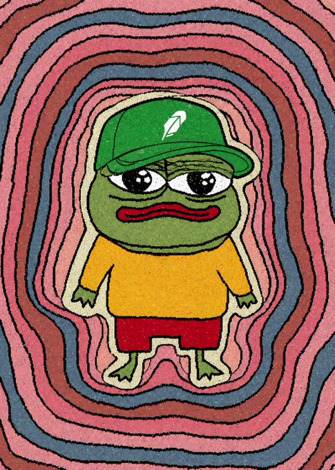 An illustration of a sad Pepe the Frog character wearing a green cap and yellow shirt, set against a swirling pink, blue, and brown patterned background.