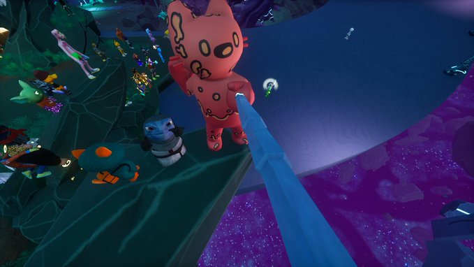 A colorful video game scene featuring a large pink cat-like character and other creatures on a platform above a purple cosmic background.