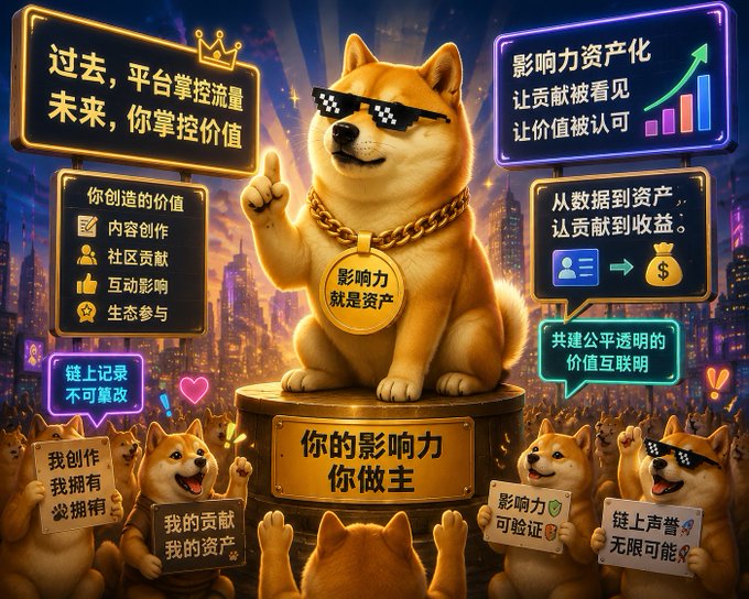 A vibrant meme-style illustration featuring a Shiba Inu wearing pixelated sunglasses and a gold chain, surrounded by smaller Shiba dogs and Chinese text promoting blockchain concepts like influence assetization, transparent on-chain records, and contribution-based value, with the central slogan '影响力就是资产' (Influence is asset).