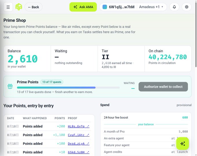 A screenshot of a 'Prime Shop' dashboard showing a balance of 2,610 points, a Tier II status, and 40,224,780 points in circulation, along with a points history log dated 8月18日.