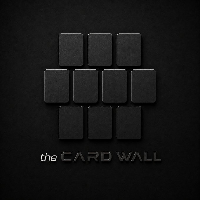 A dark, sleek logo featuring 10 card outlines arranged in a 3-4-3 wall formation above the text "the CARD WALL" in metallic-style lettering, visually reinforcing the post's announcement of launching a PSA 10 trading card collection initiative under the ticker $WALL.