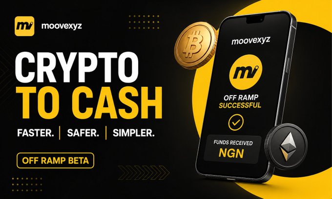 Crypto marketing banner for 'moovexyz' advertising 'CRYPTO TO CASH' off-ramp service, tagged 'FASTER. SAFER. SIMPLER.' with 'OFF RAMP BETA' label and a phone showing successful NGN funds received alongside Bitcoin and Ethereum coins.