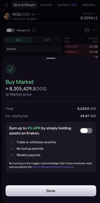 A Kraken cryptocurrency trading app screenshot showing a completed market buy order for approximately 8,305,429.5 DOG at a total of 5,124.5 USD with 3x margin.