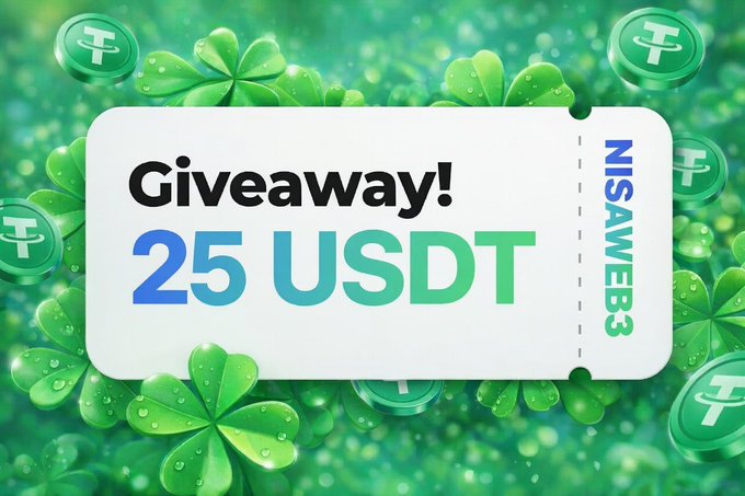 A promotional graphic featuring a white ticket against a green background with four-leaf clovers and USDT (Tether) crypto tokens, displaying the text "Giveaway! 25 USDT" with the username "NISAWEB3" on the side. The image visually promotes the post announcing a $25 USDT giveaway requiring retweets, likes, follows, and engagement to enter.