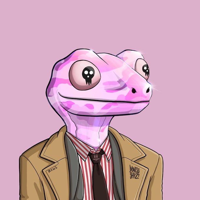 Digital illustration of a pink and purple cartoon gecko or lizard character with large glossy eyes, wearing a tan jacket over a red and white striped shirt and tie, with 'Boneless Shitz!' text on the jacket, set against a pink background.