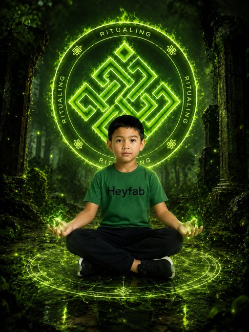 Digital artwork of a boy in a 'Heyfab' t-shirt meditating cross-legged, with glowing green 'RITUALING' runic sigils and magic circles surrounding him.
