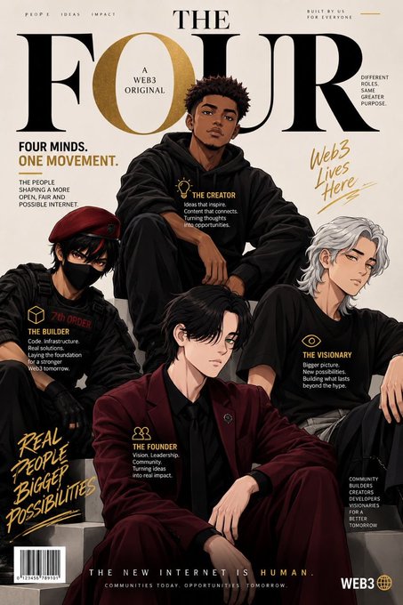 A magazine cover titled 'THE FOUR' described as 'A WEB3 ORIGINAL,' featuring four illustrated characters labeled 'THE CREATOR,' 'THE BUILDER,' 'THE VISIONARY,' and 'THE FOUNDER,' with the tagline 'THE NEW INTERNET IS HUMAN.'