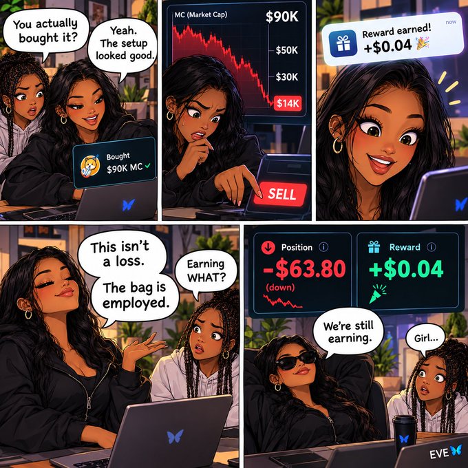 A four-panel comic illustration showing a woman explaining cryptocurrency investing to her friend, displaying a 'Bought $90K MC' notification, a crashing chart, a '$0.04' reward, and her saying 'This isn't a loss. The bag is employed. We're still earning.'
