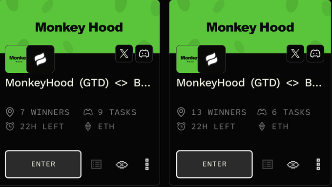 Two green-themed 'Monkey Hood' task cards display different stats: 7 winners/9 tasks and 13 winners/6 tasks, both with 22H left and an 'ENTER' button.
