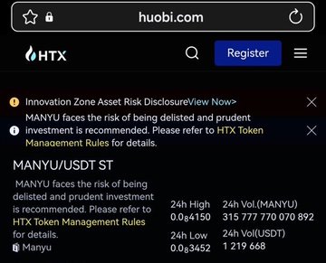 A mobile browser screenshot of huobi.com (HTX) showing the MANYU/USDT trading pair with a warning that "MANYU faces the risk of being delisted and prudent investment is recommended."