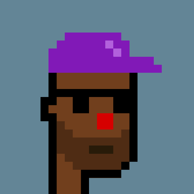 A pixelated portrait of CryptoPunk #4255 featuring a character with a purple headband, brown skin, and a red mark on the face, set against a blue background.