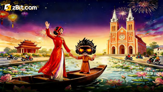 A vibrant illustration depicts a woman in a red áo dài and a helmeted mascot on a lotus-filled boat, set against a backdrop of the Notre-Dame Cathedral Basilica of Saigon and traditional Vietnamese architecture, celebrating zBit's (zBit.com / @zBit_Official) launch of its Vietnam Ambassador Program with a 171,000 USDT fund.