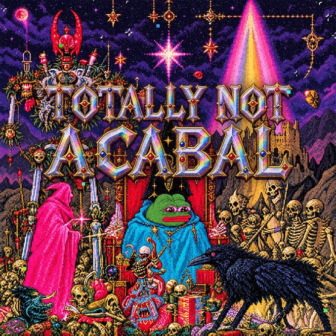 A vibrant, psychedelic illustration with the text "TOTALLY NOT ACABAL" prominently displayed, featuring a Pepe the Frog figure in royal robes surrounded by skeletons, ravens, candles, and occult imagery. The elaborate, meme-inspired artwork fits the context of SuperRare's "Know Your Creator" (KYC) announcement, serving as a digital collectible tied to the platform update.