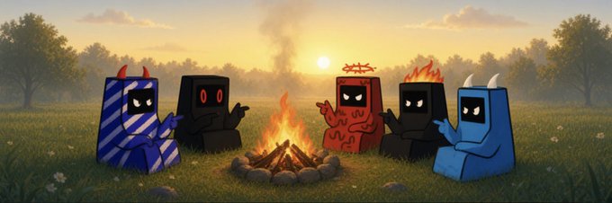 Five stylized, blocky mascot characters—including a blue striped figure, a shadowy hooded figure, a red flame-headed character, and others—gather around a crackling campfire in a serene field at sunset, while smoke from the fire forms the "$" symbol in the sky, symbolizing the $PRINTER token's growing community and narrative momentum before its next price move.
