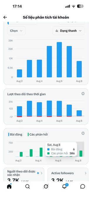 A screenshot of an Instagram account analytics page in Vietnamese, showing charts for followers, profile visits, and posts.