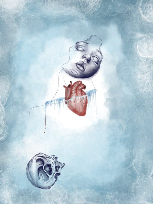 A surreal digital artwork depicts two gray faces, a floating anatomical heart, and a fragmented head against an icy blue background.