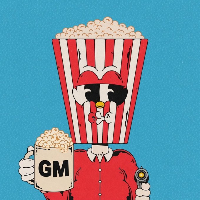Pop-art style illustration of a character with a popcorn bucket for a head featuring a cartoon face, wearing a red shirt and holding a beer mug labeled 'GM' while holding a flashlight.