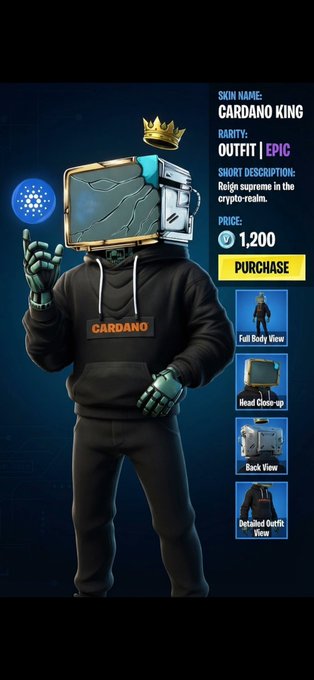 In-game store screen showing a 'CARDANO KING' character skin priced at 1,200, featuring a figure with a CRT monitor head wearing a CARDANO hoodie.