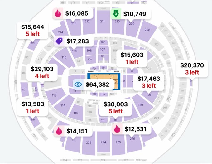 The image shows a detailed description of an arena showing that Game 3 of the NBA Finals will cost $131,448 for one person. The seating chart indicates that there are 5 rows with 7 seats each.