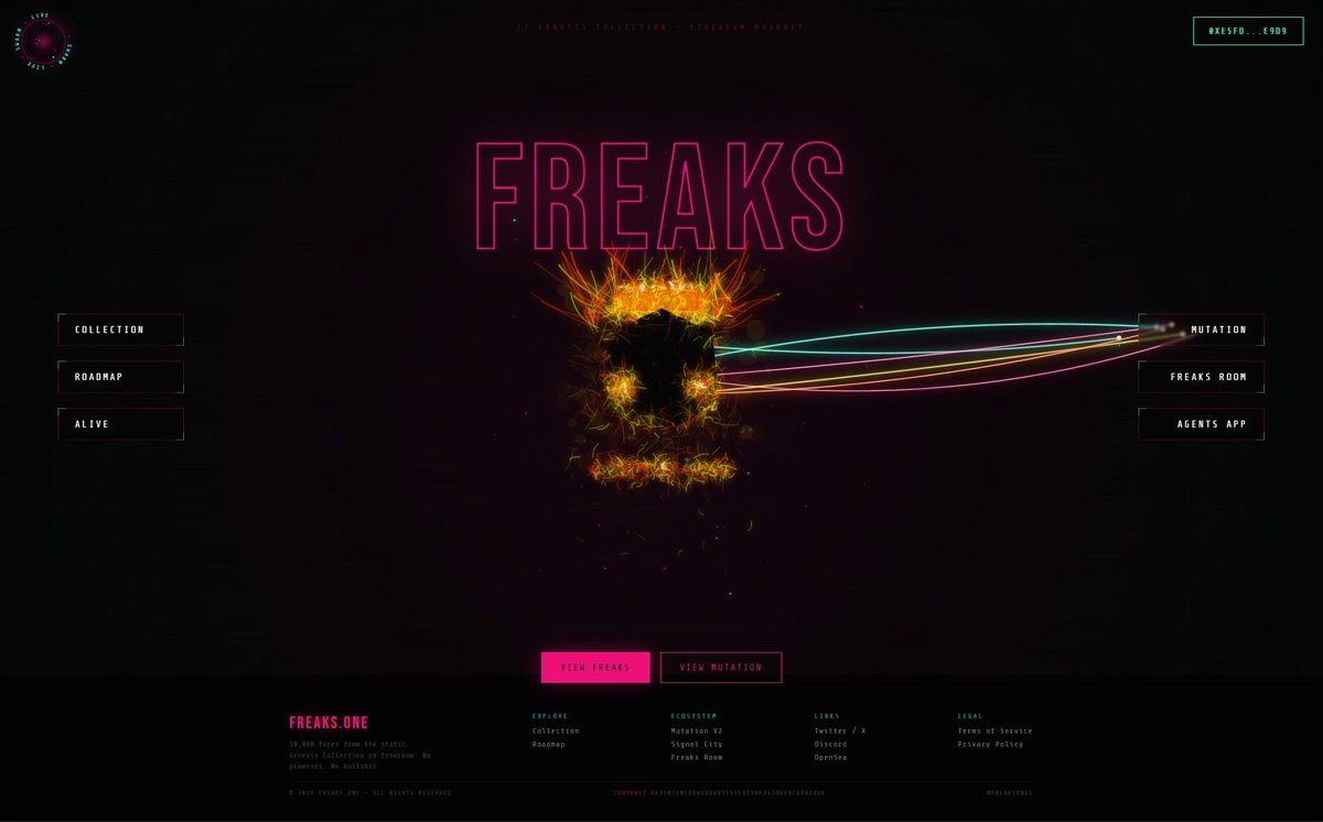 The image features a website called "freaks" with a pink background, neon lights, and a skull design. The website has a clean and modern look, with a black header at the top followed by a white footer. The main content of the website is displayed in the center, which includes text that reads "Freaks", as well as an image of a skull surrounded by neon lights. There are also several options for viewing the artwork on the website, and it appears to be a paid service with a dedicated freaksone/alive account. The overall design and layout suggest that this is a creative and artistic platform focused on showcasing freaks art.