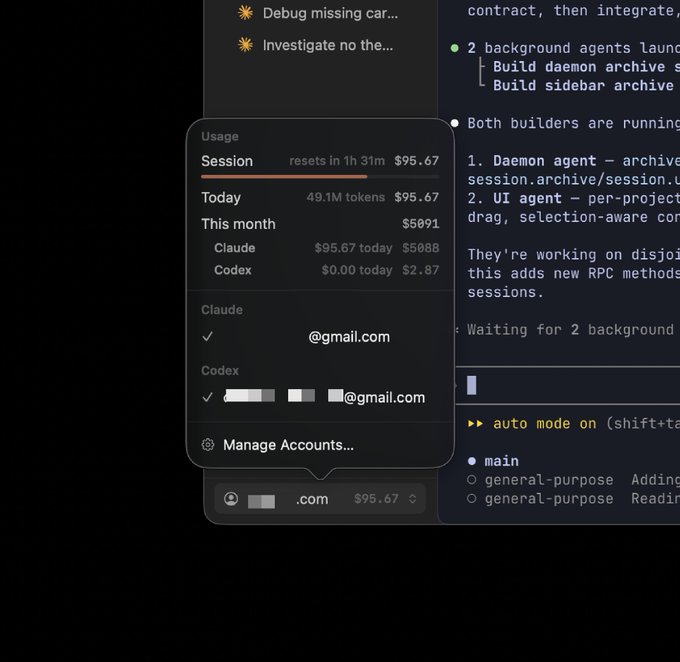 A usage dashboard panel showing Session spending of $95.67 today (49.1M tokens) and $5,091 this month, with accounts linked for Claude and Codex under @gmail.com addresses, alongside a terminal showing background agents building archive and sidebar features.