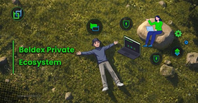 A promotional graphic for 'Beldex Private Ecosystem' showing 3D animated characters with a laptop and various security and cryptocurrency icons on a grassy background.