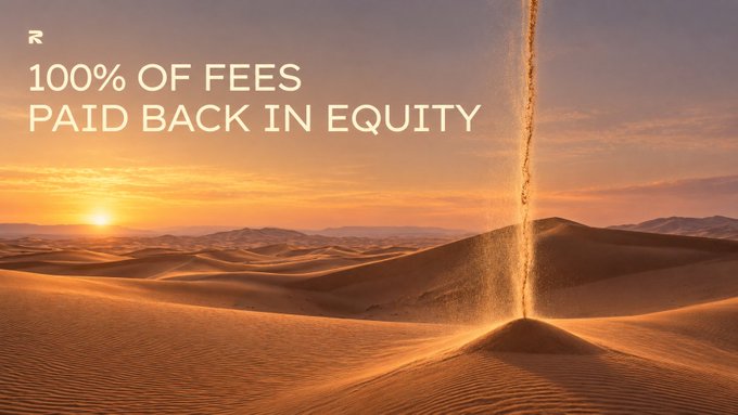A promotional graphic showing a desert landscape at sunset with sand pouring down like an hourglass, overlaid with the text: '100% OF FEES PAID BACK IN EQUITY' and a small 'R' logo.