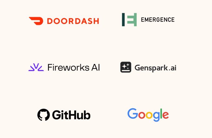 The image displays logos of six major tech companies arranged in a grid: DoorDash, Emergence, Fireworks AI, Genspark.ai, GitHub, and Google. Fitting the "1 vs the many" theme, it contrasts a single dominant player (Google) against multiple emerging AI and tech competitors (DoorDash, Emergence, Fireworks AI, Genspark.ai, and GitHub) reshaping the industry landscape.