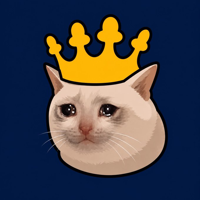 An illustrated cat face with sad eyes wearing a yellow crown on a dark blue background.