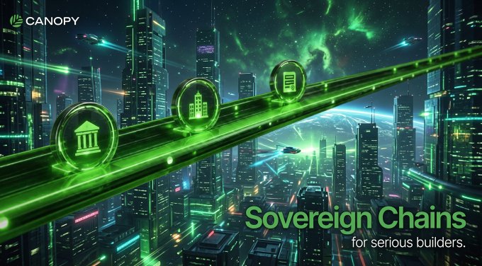 A promotional graphic for 'CANOPY' featuring a futuristic green-lit cityscape with floating icons (a building, a classical temple, and a document) and the text 'Sovereign Chains for serious builders.'
