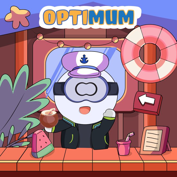 The image shows a cheerful cartoon penguin mascot dressed as a ship captain with a sailor hat and VR goggles, holding a coconut drink at a tropical bar setup complete with a watermelon slice, pink cup, life preserver, and a sign reading "OPTIMUM." The post highlights how Optimum's mempool-to-peer (mump2p) technology enhances Ethereum scaling without requiring users to change anything—visually echoed by the captain peering through "goggles" (a layer upgrade), suggesting that the underlying infrastructure improves beneath familiar interfaces while dApps keep running smoothly.