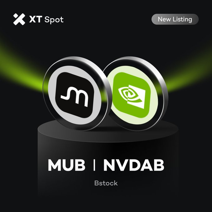 XT Spot 'New Listing' promotional graphic showing two coin-like icons labeled 'MUB' and 'NVDAB' on a black pedestal with green spotlight effects.
