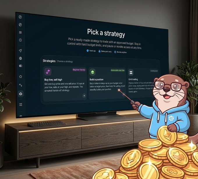 An illustrated otter character in a blue hoodie points a wand at a TV screen displaying 'Pick a strategy' with options including 'Buy low, sell high', 'Build a position', and 'Grid trading', surrounded by gold coins.