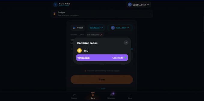 A screenshot from the Novara VNC trading interface showing a 'Trocar redes' (Switch networks) dialog for changing between BSC and VinuChain networks.