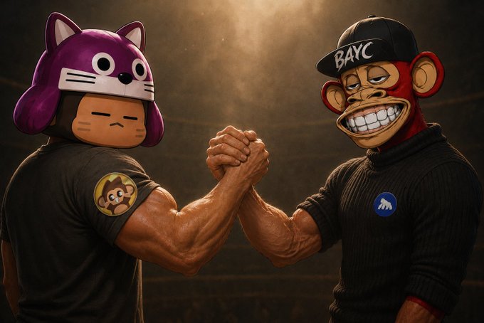 Two figures wearing Bored Ape Yacht Club-style NFT masks (one purple cat, one monkey with a 'BAYC' cap) arm wrestling under dramatic lighting.
