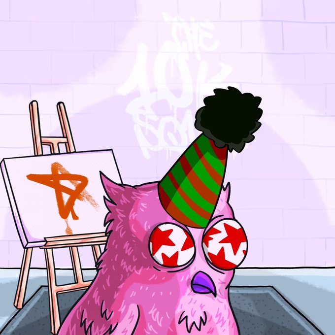A cartoon illustration of a pink furry creature wearing a striped party hat and star-patterned glasses, standing next to an easel displaying an orange 'R' with 'THE LOST FORT' graffiti in the background.