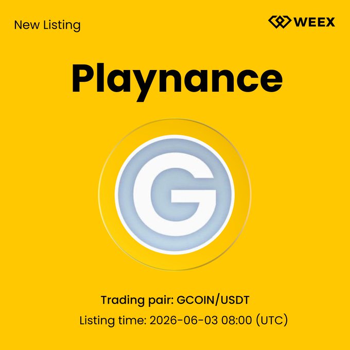 The image features a yellow background with white text that reads "New Listing" followed by "Playnance", which is related to a trading platform called Playnance. The text also includes details about the trading pair, GCOIN/USDT (GCD), and the listing time of 2026-06-03 at 8:00 am (UTC).