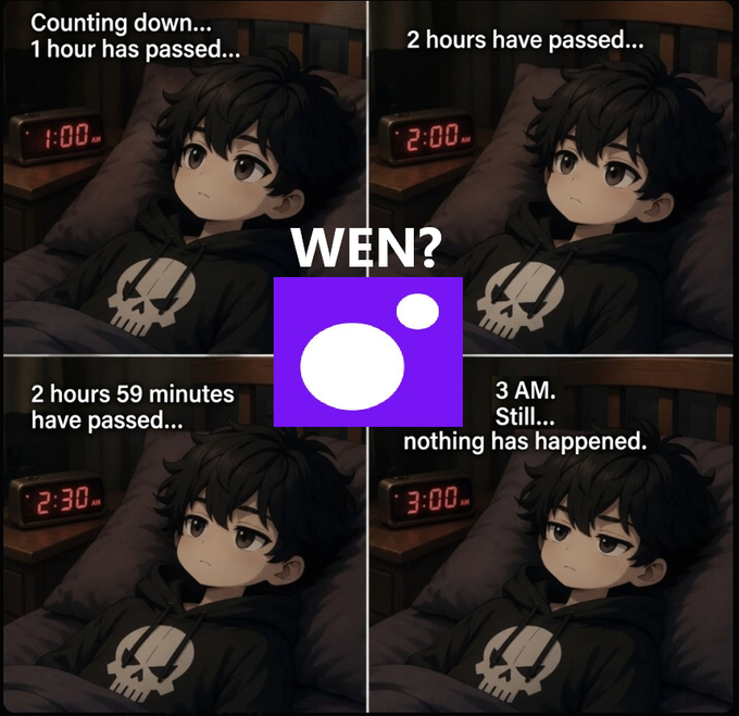 A four-panel meme featuring an anime-style boy in bed with clocks showing times from 1:00 AM to 3:00 AM, humorously captioned 'WEN?' with a purple logo in the center.